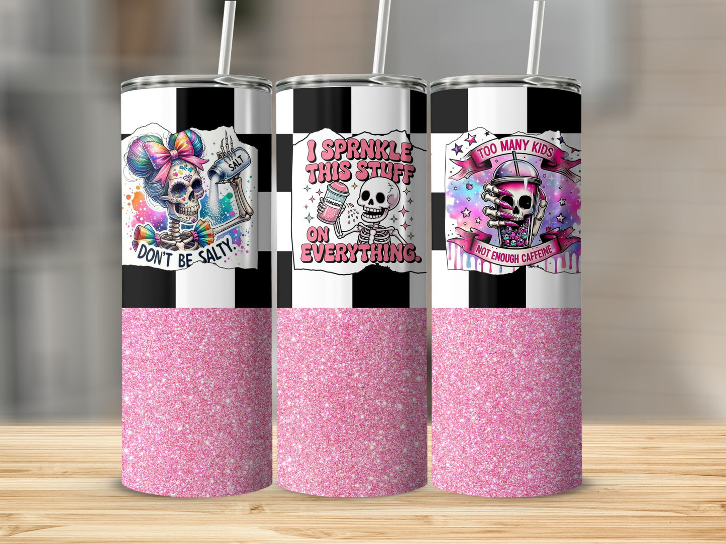 Funny Skeleton Artwork Glitter Tumbler Cup