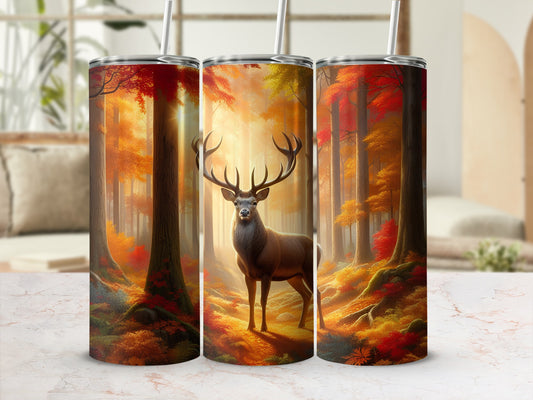 Deer in a sunlit forest with autumn leaves, on three tumblers.