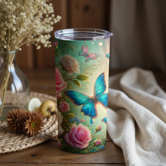 Vibrant Blue Butterfly and Floral Design Tumbler