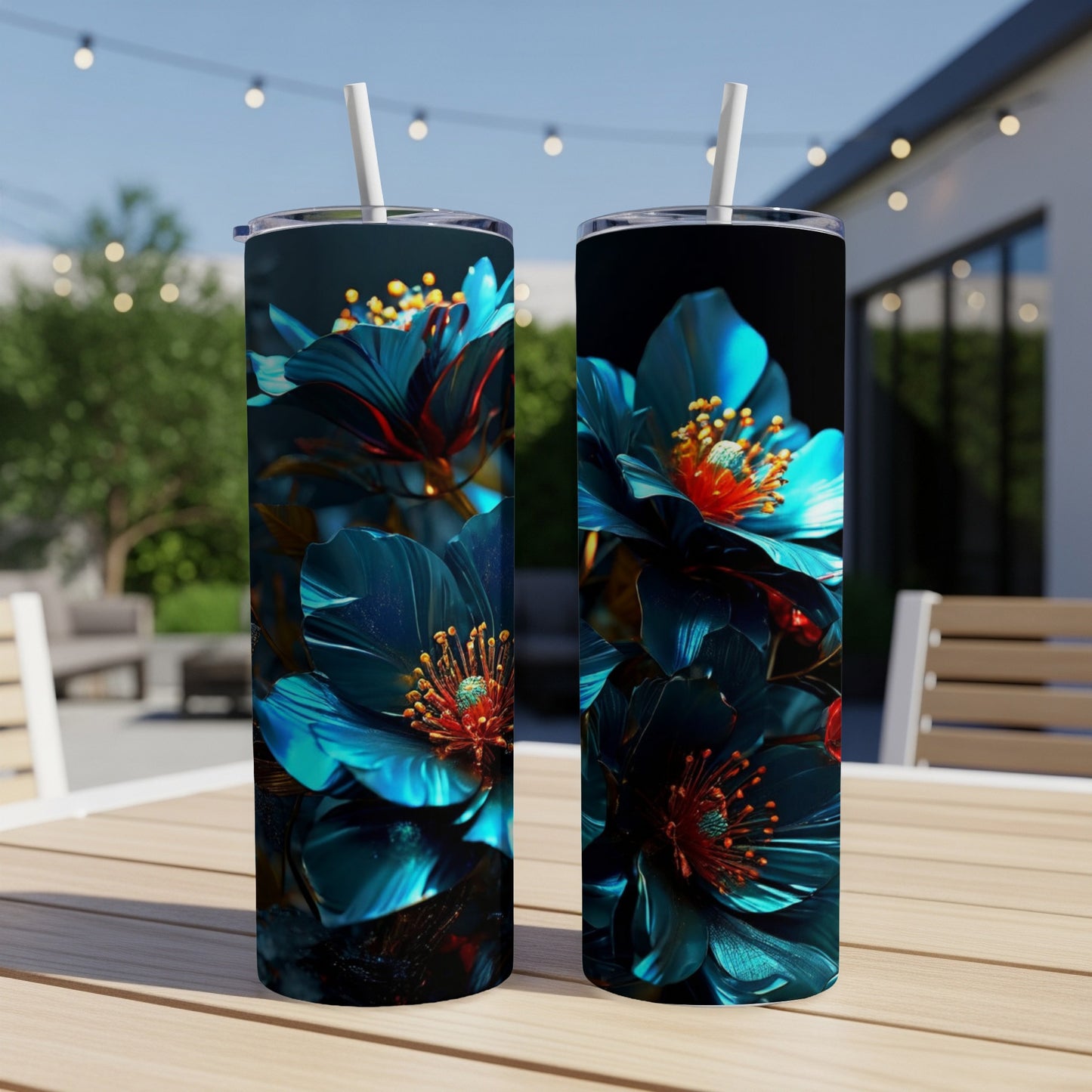 Two tumblers featuring vibrant blue and red abstract floral designs.