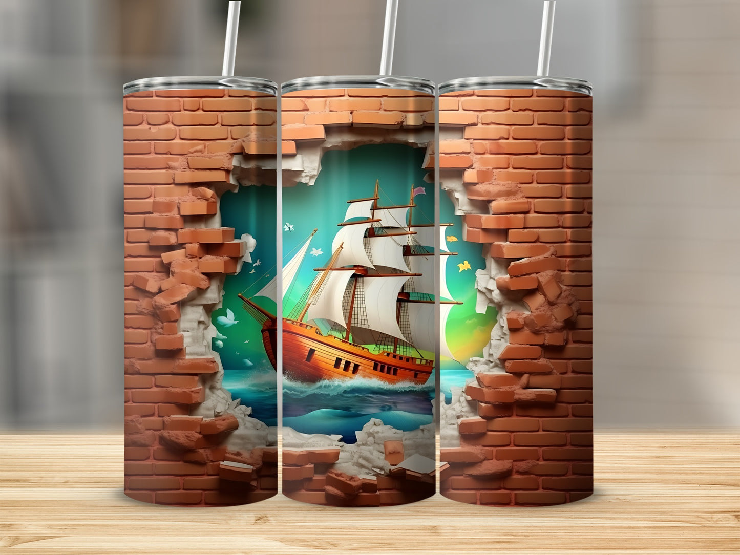 Pirate Ship Breaking Through Brick Wall Tumbler