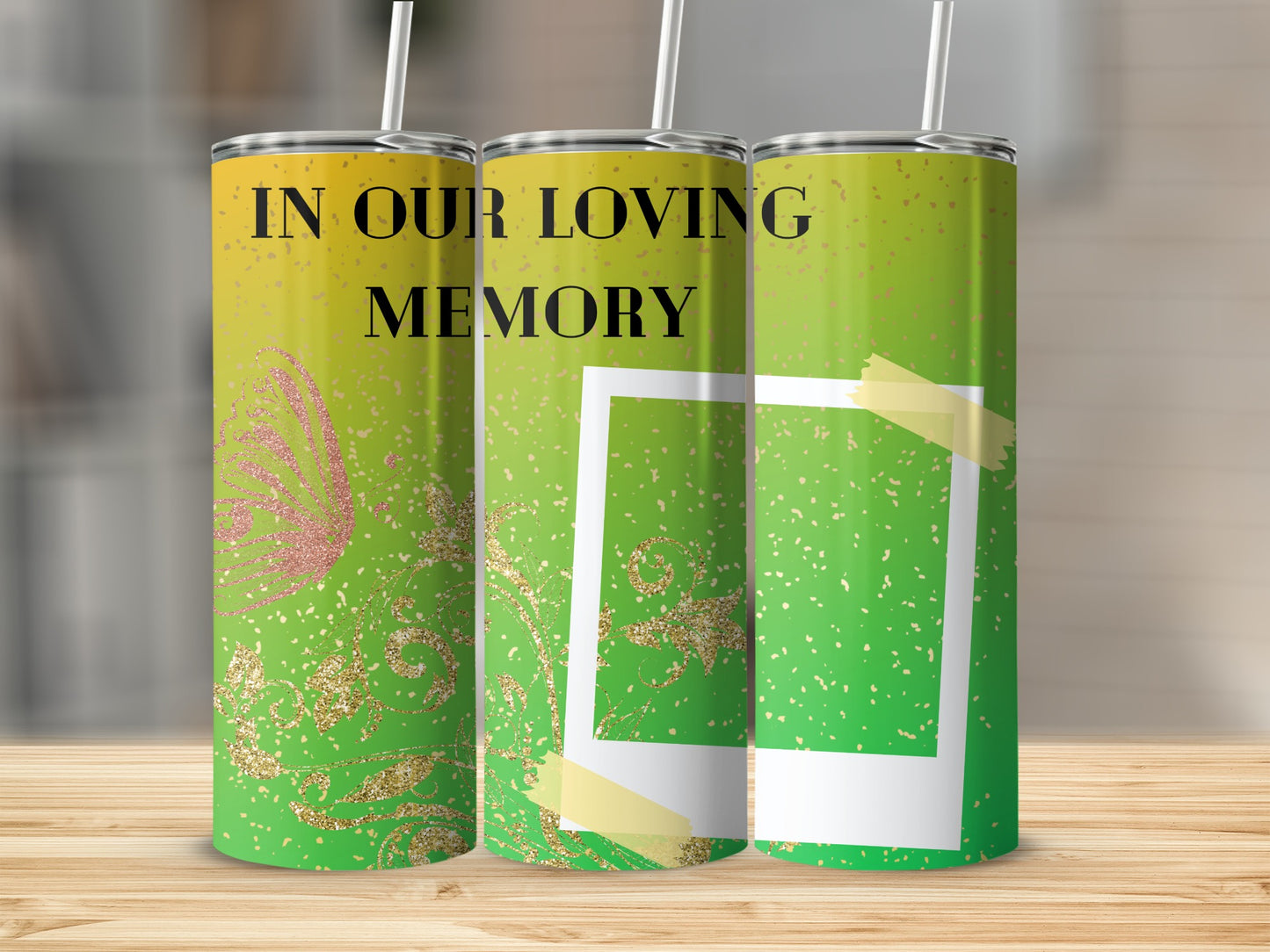 Three tumblers with "In Our Loving Memory" text and glitter designs.