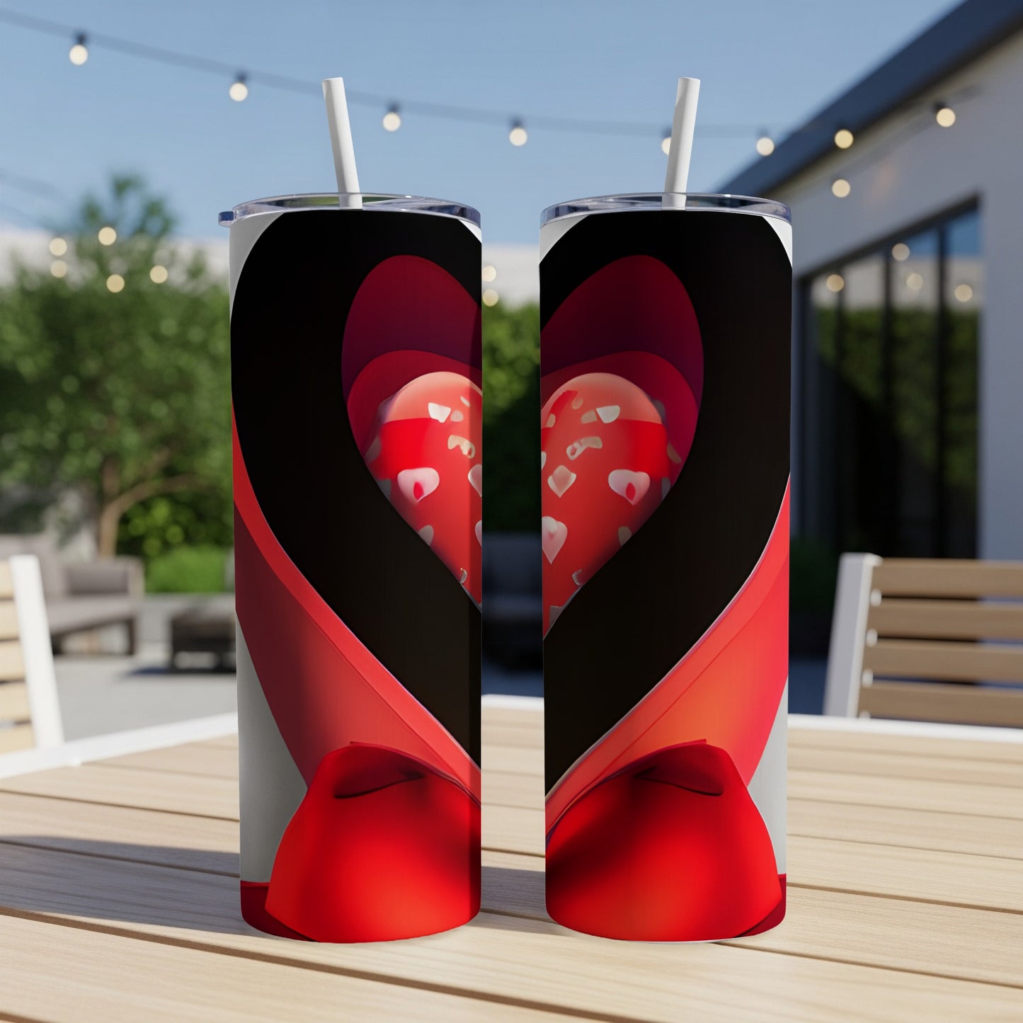 Two heart-themed tumblers with straws on a wooden table.