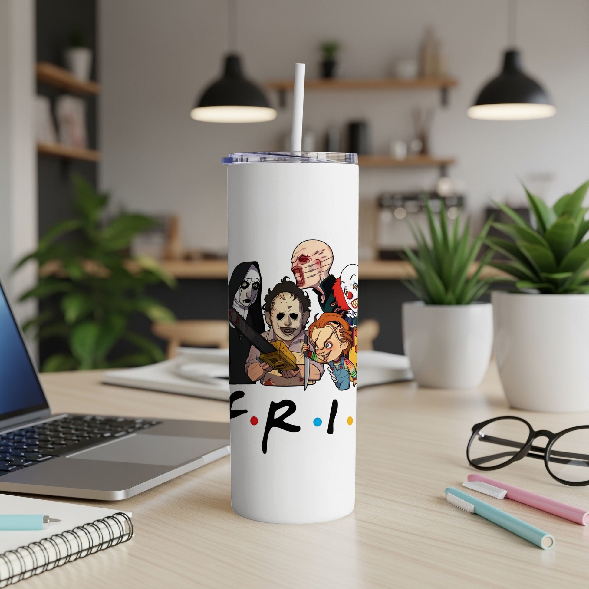 White tumbler with horror characters and "F.R.I." text in Friends font.