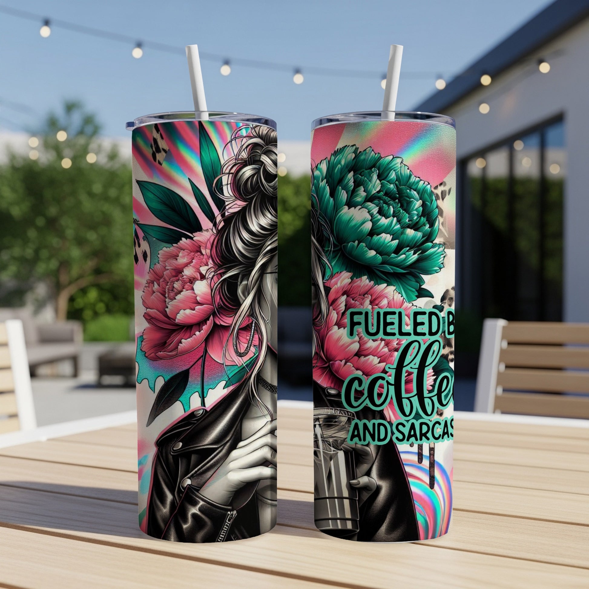 Two tumblers with floral and leopard print, "Fueled by coffee and sarcasm" text.