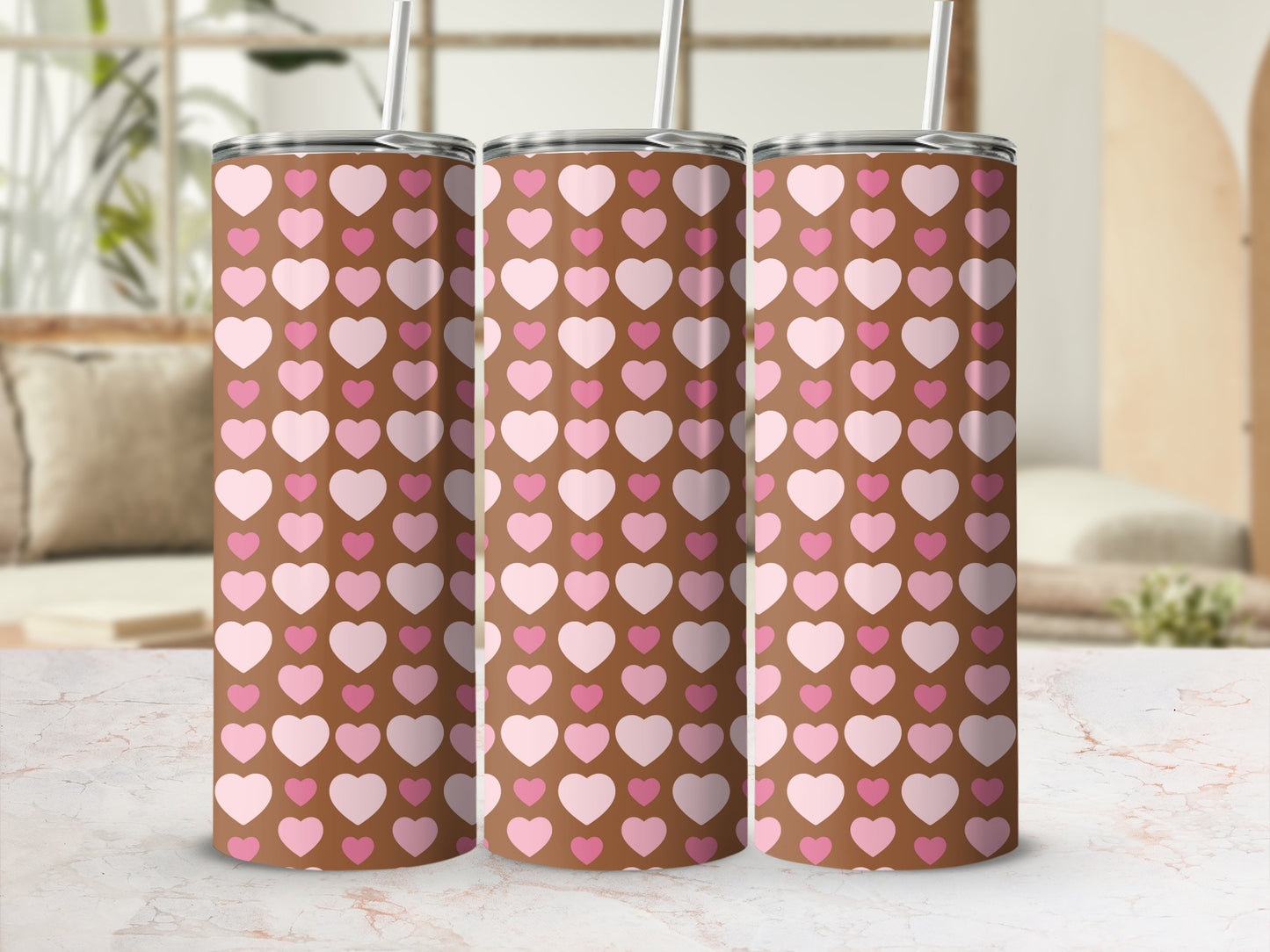 Brown Tumbler with Pink and White Heart Patterns