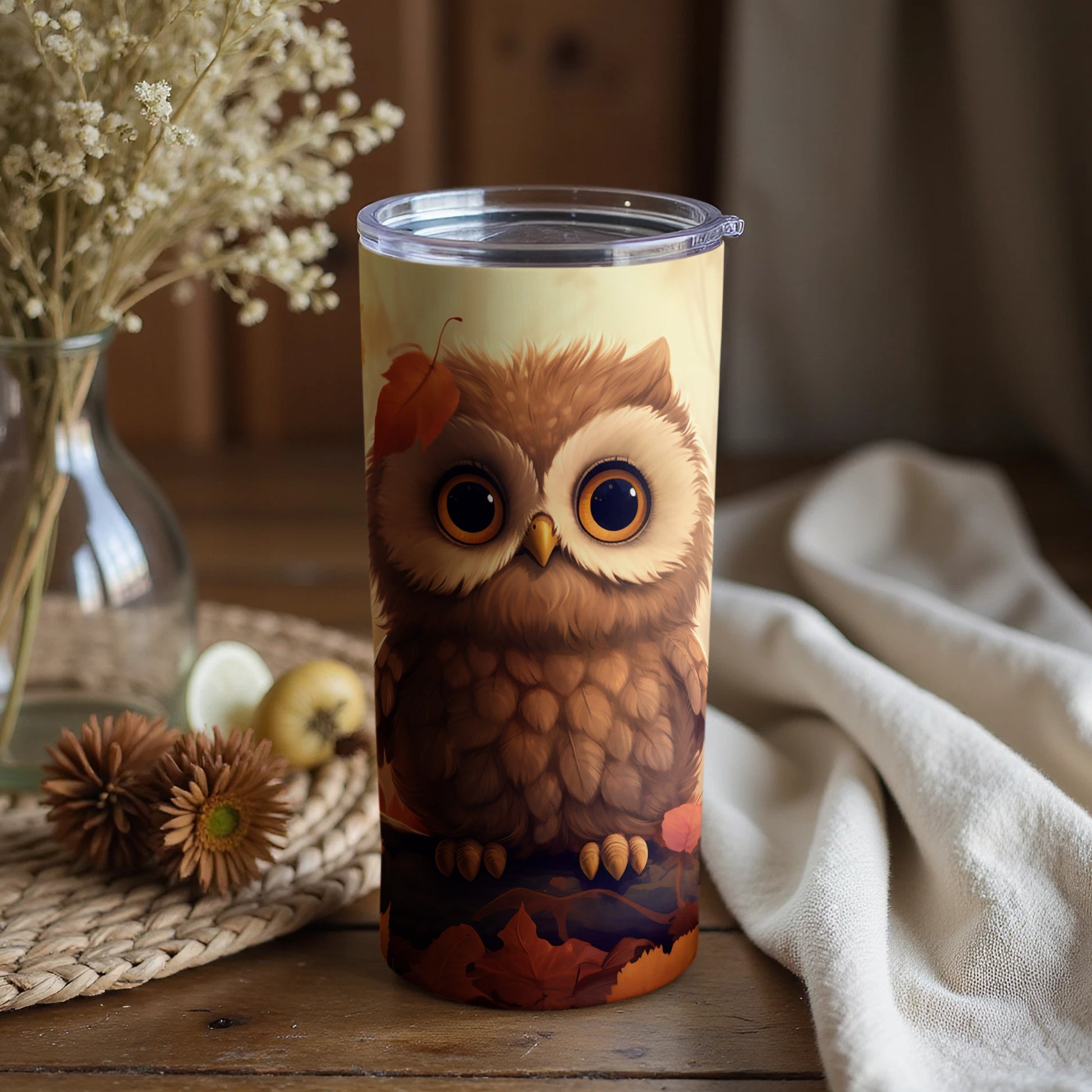 Cute Owl Print Tumbler with Autumn Leaves Design