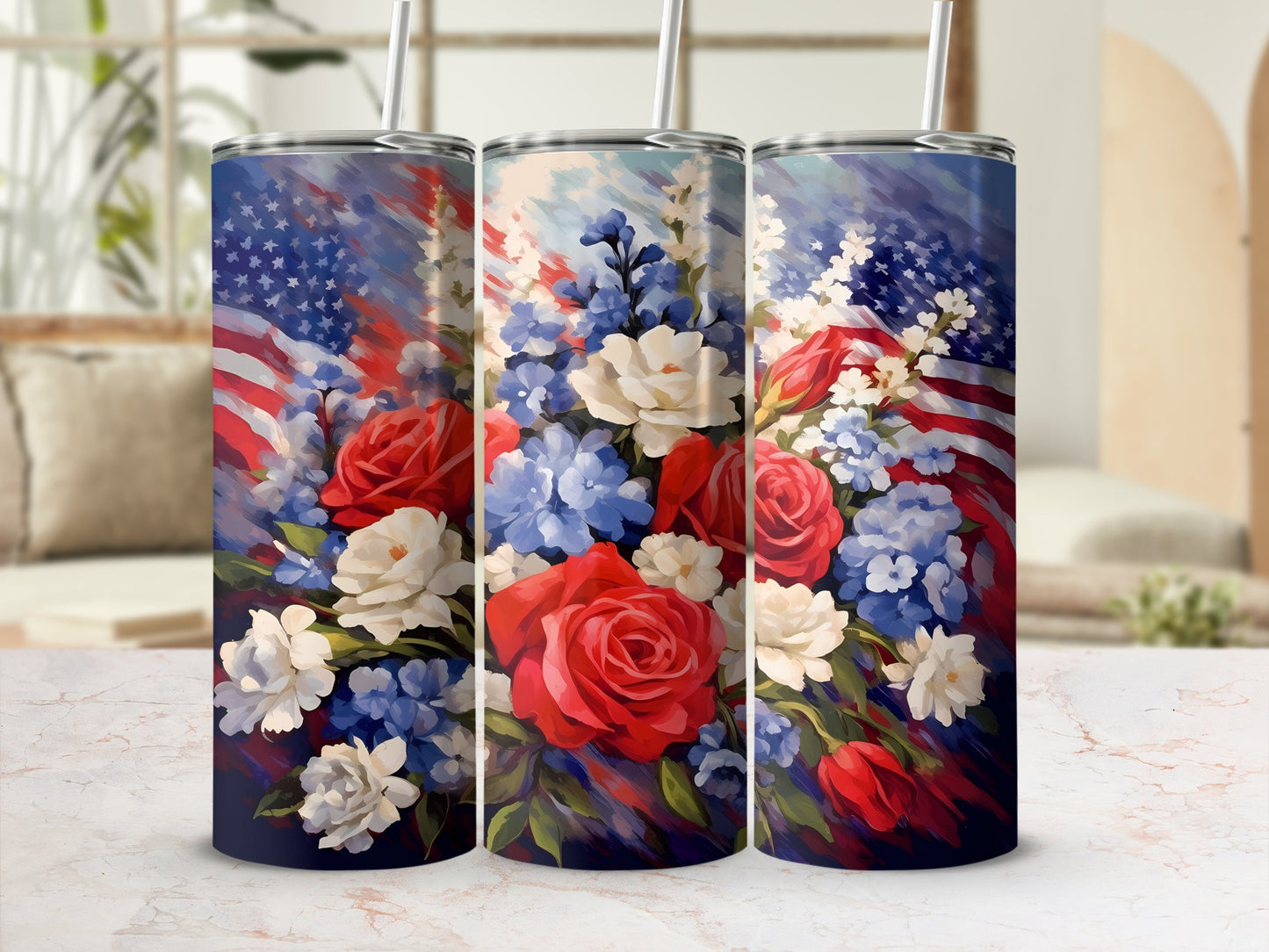 Tumbler with American flag and red, white, and blue flowers.