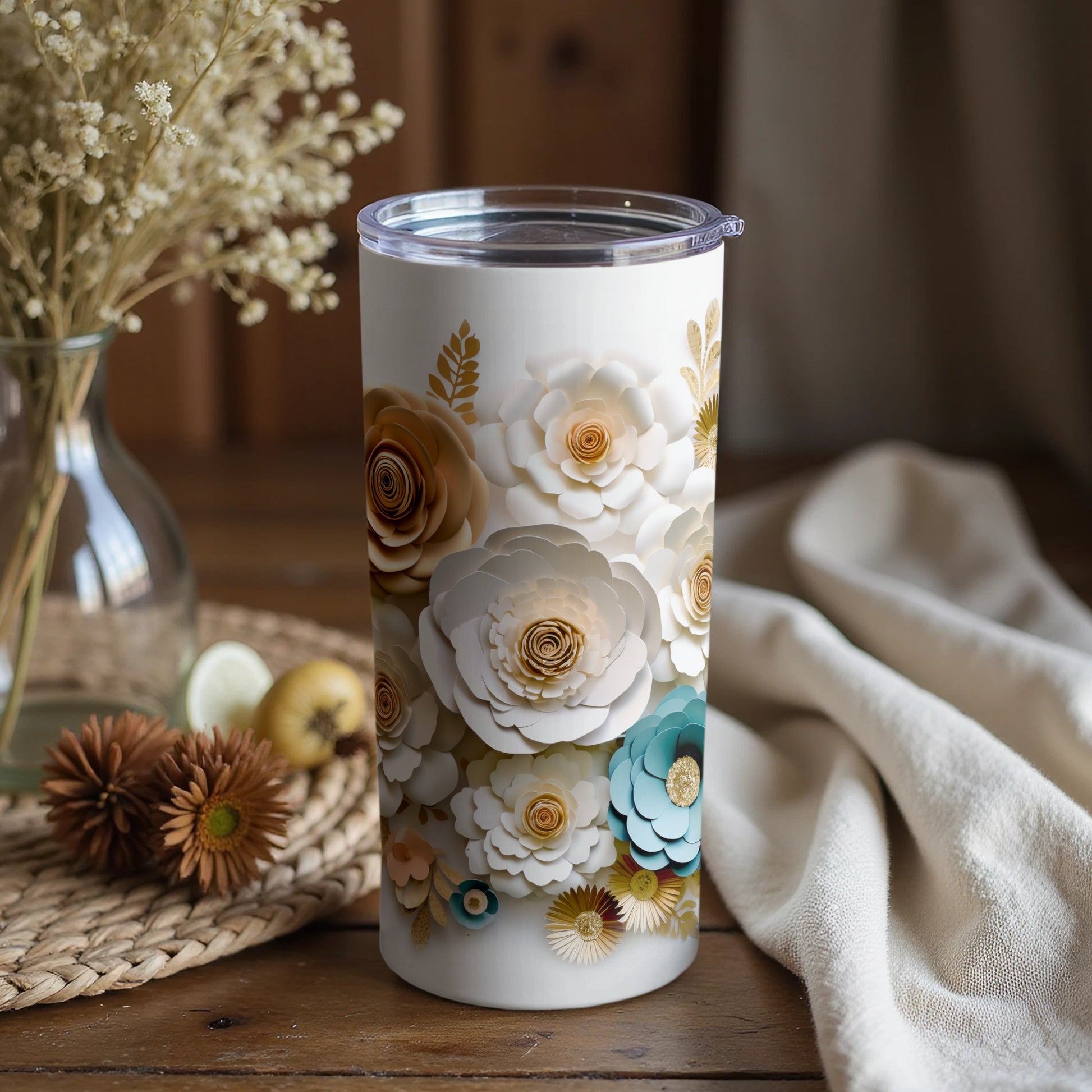 Floral Design Tumbler with Lid Insulated Travel Cup