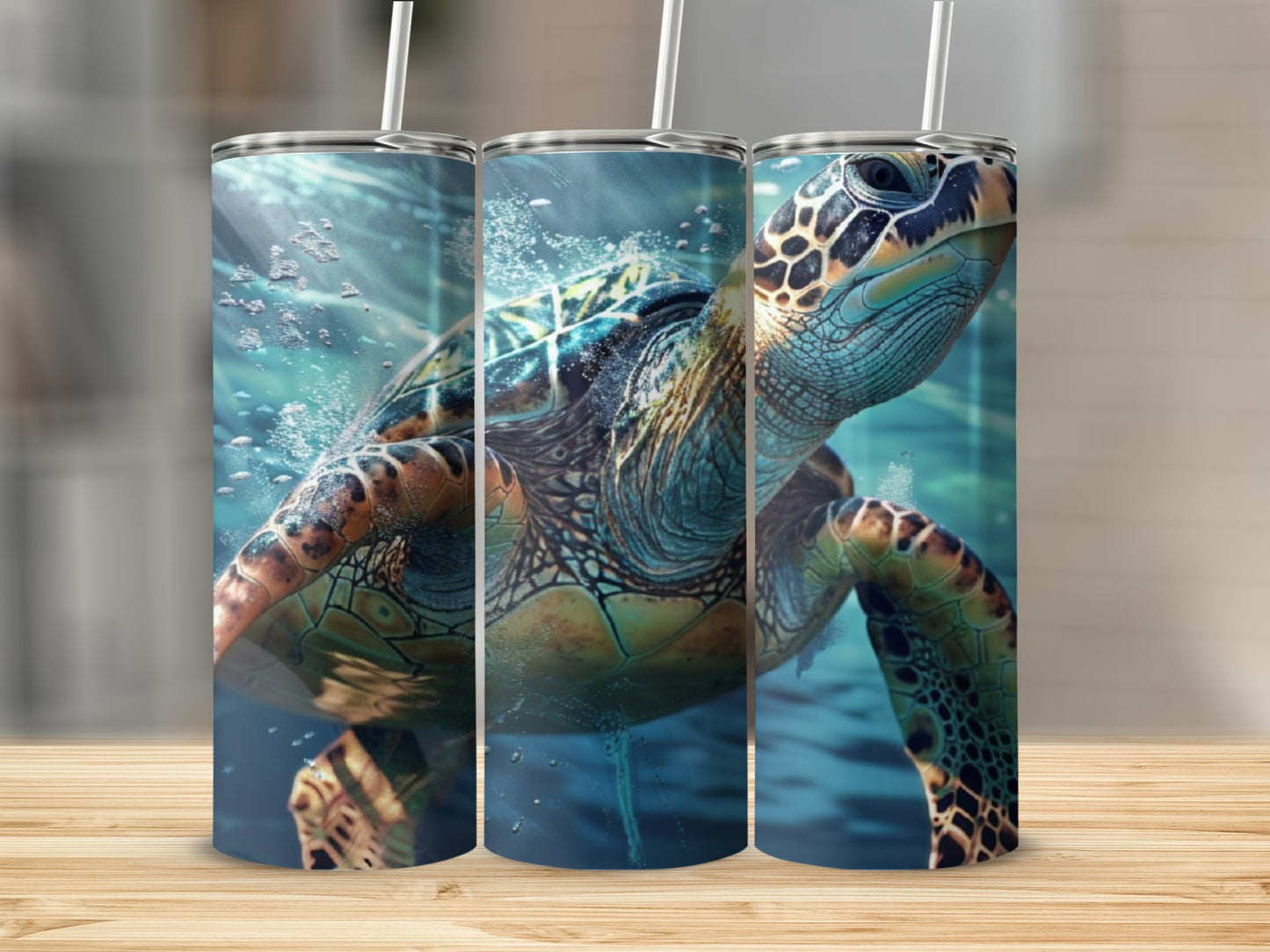 Sea turtle swimming underwater, detailed illustration on three tumblers.