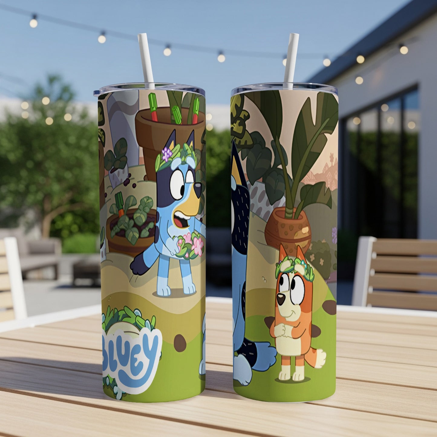Two Bluey character tumblers with straw and floral accents.