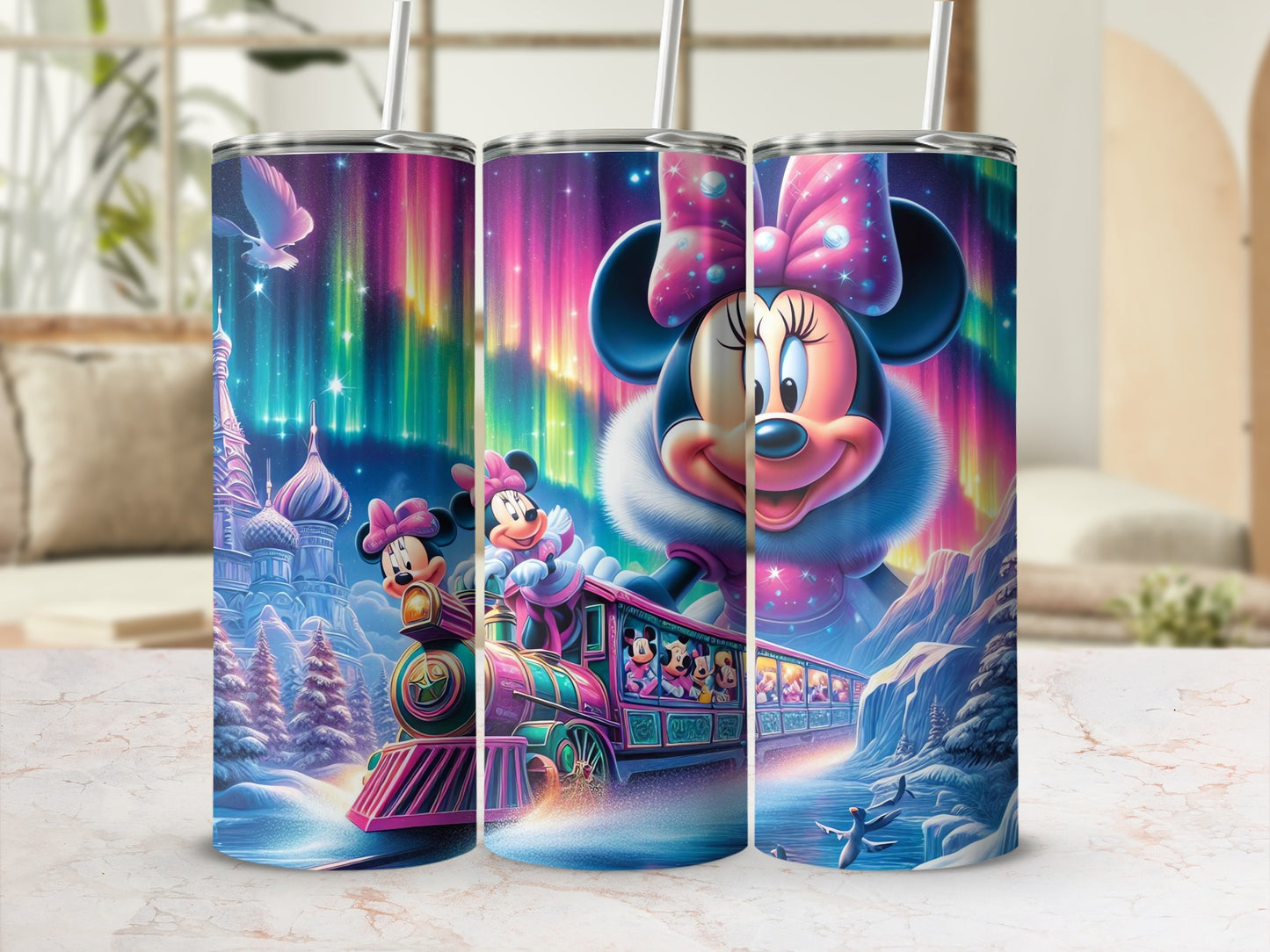 Colorful Minnie Mouse Train Scene Travel Mug