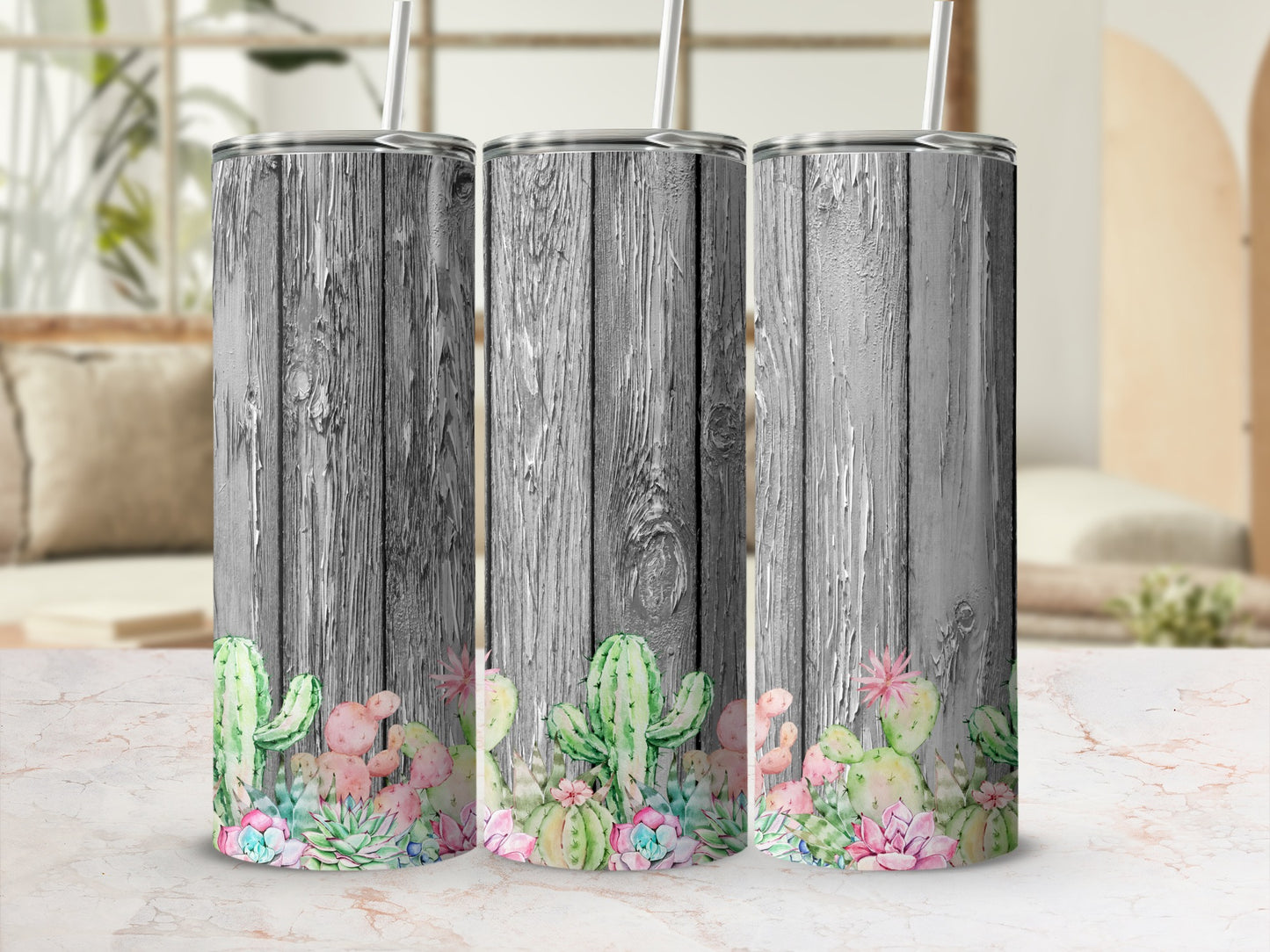 Tall tumbler with gray wood grain and colorful watercolor succulents.