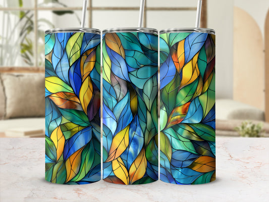Three tumblers with a stained-glass leaf pattern.