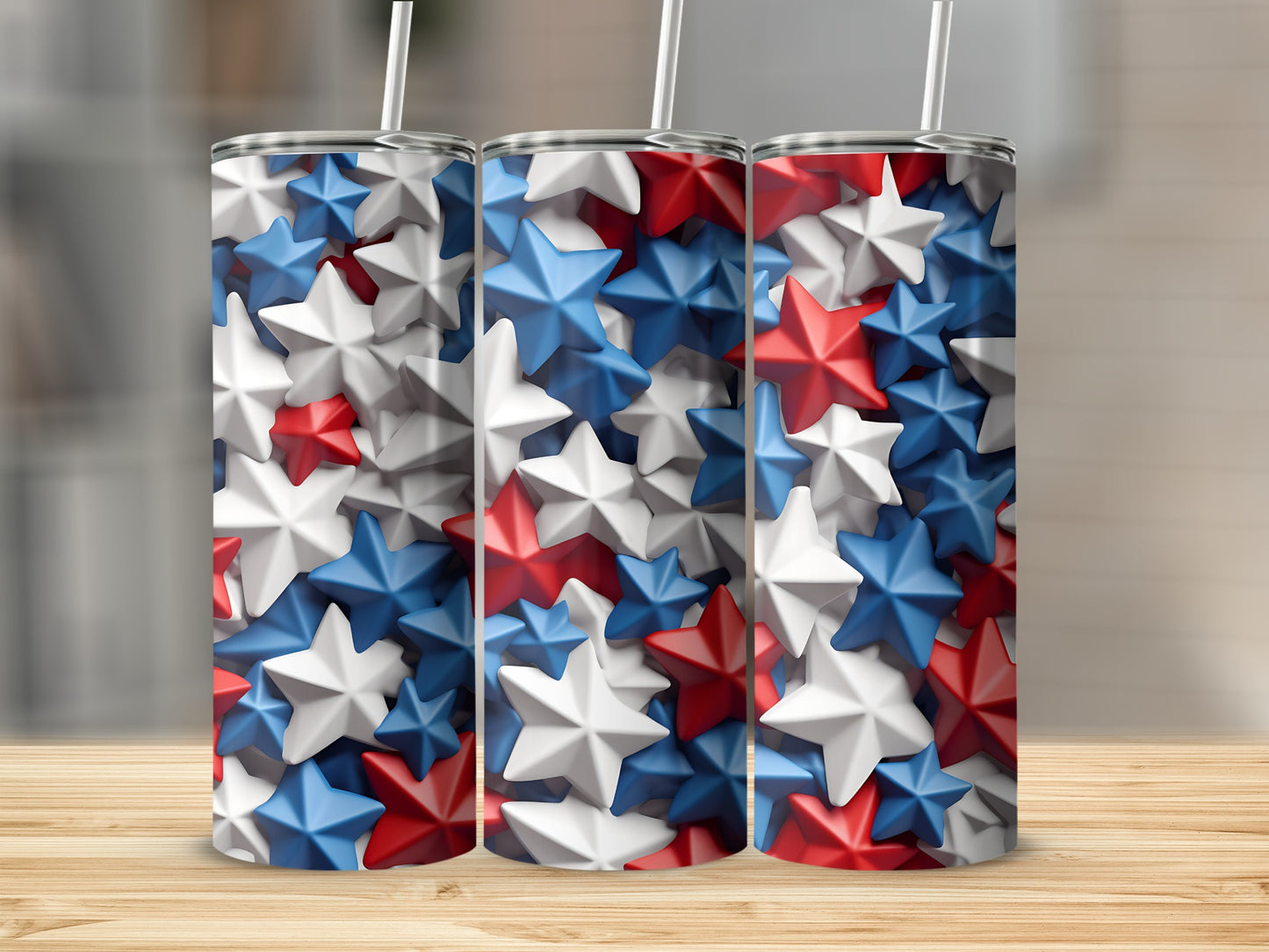Tumbler with repeating pattern of red, white, and blue stars.