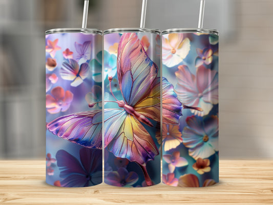 Three colorful tumblers with butterfly and floral designs.