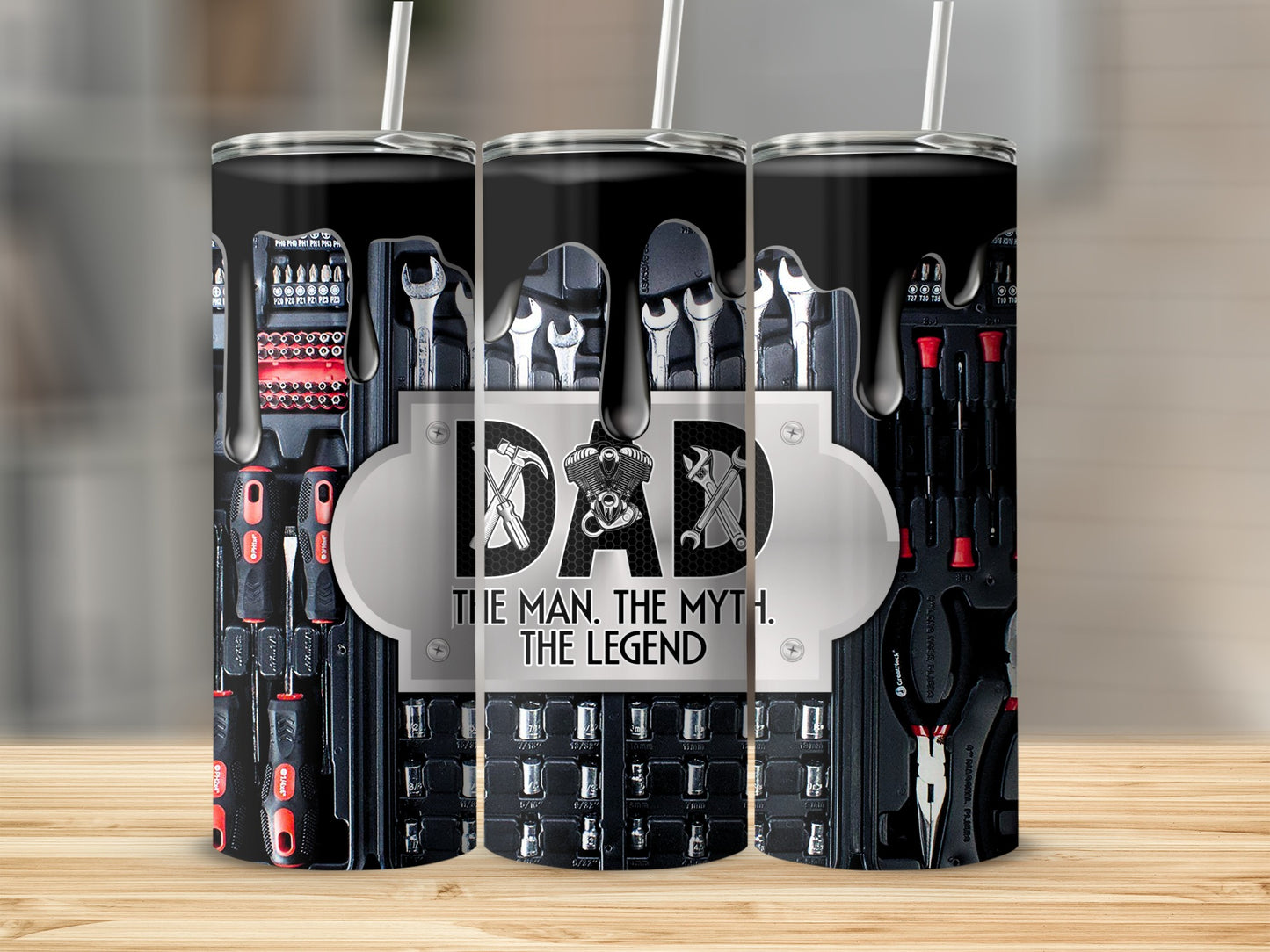 Tumbler with tools graphic and text "DAD THE MAN. THE MYTH. THE LEGEND."
