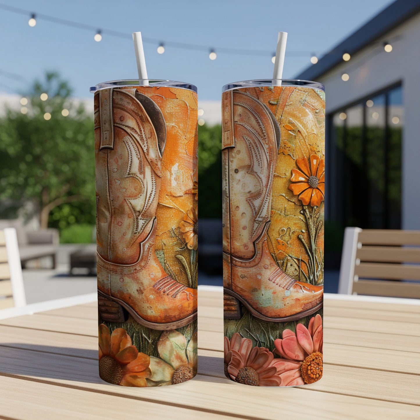 Two cowboy boots with floral designs sit on a table outdoors.