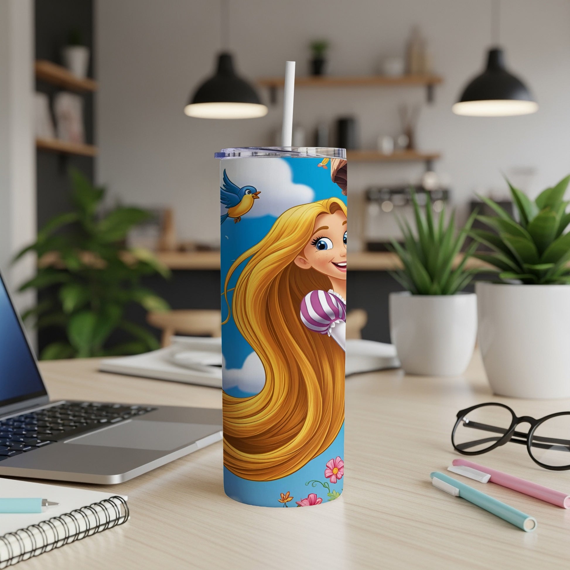 Rapunzel with long blonde hair and a bird on a white tumbler cup.