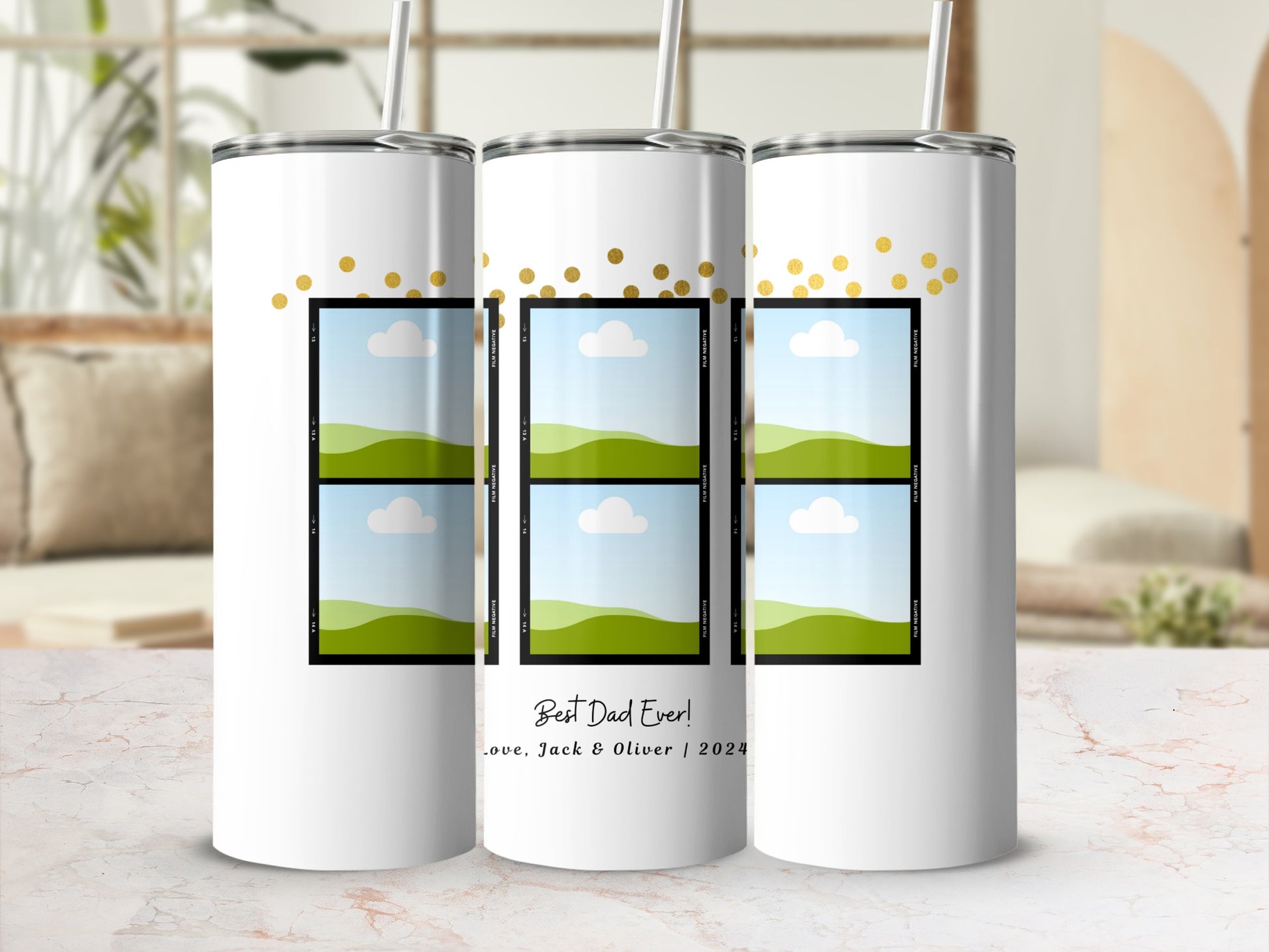 White tumblers with gold polka dots and photo frames, reading "Best Dad Ever!".