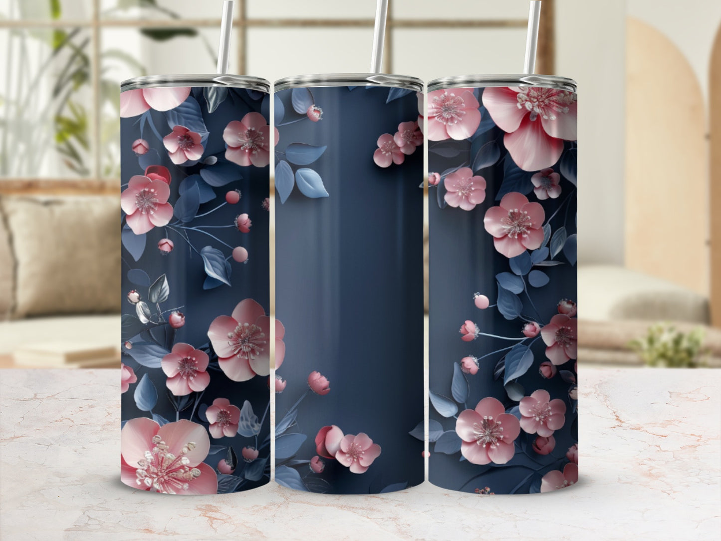Dark blue tumbler with pink floral and leaf design.