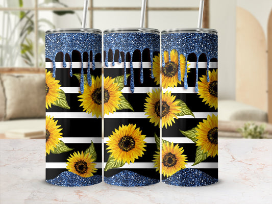 Three glitter-topped tumblers with sunflowers and black and white stripes.