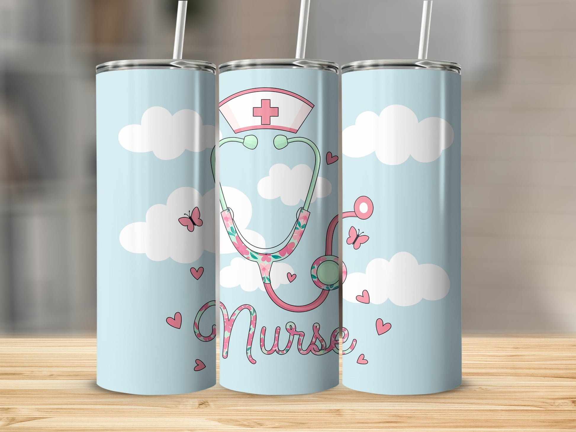 Light blue tumbler with nurse-themed design, stethoscope, and clouds.
