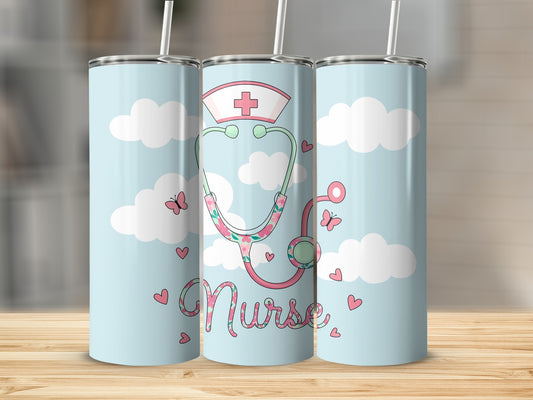 Light blue tumbler with nurse-themed design, stethoscope, and clouds.