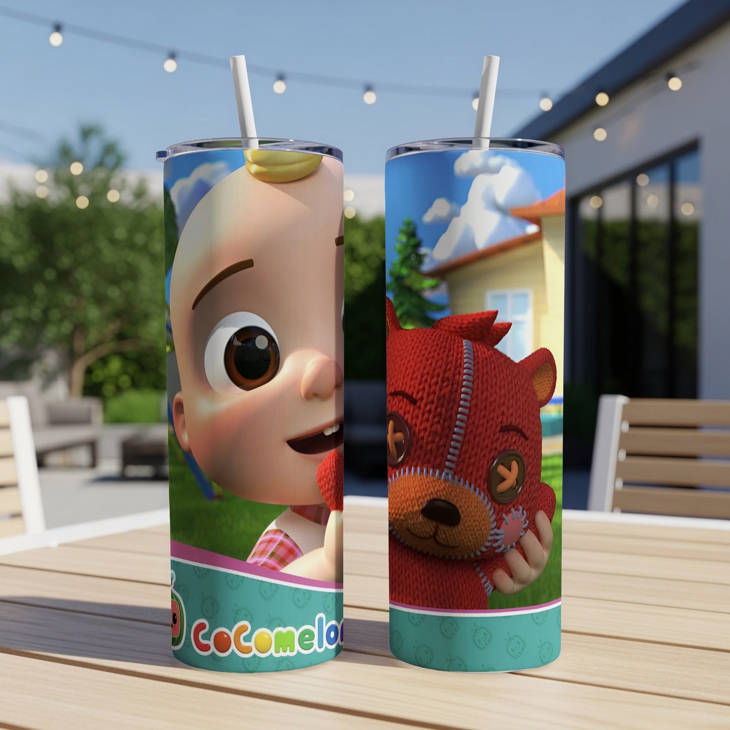 Cocomelon tumbler featuring JJ character and a red knitted bear toy.