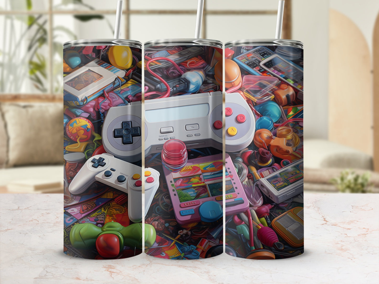 Colorful retro video game controllers and accessories are artfully arranged on a surface.