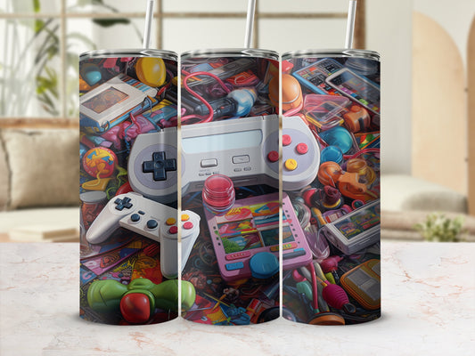 Colorful retro video game controllers and accessories are artfully arranged on a surface.