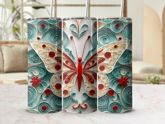 Three tall tumblers featuring a colorful butterfly design with intricate rolled paper details.
