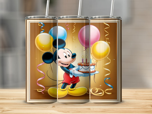 Mickey Mouse holding a birthday cake with balloons and streamers.