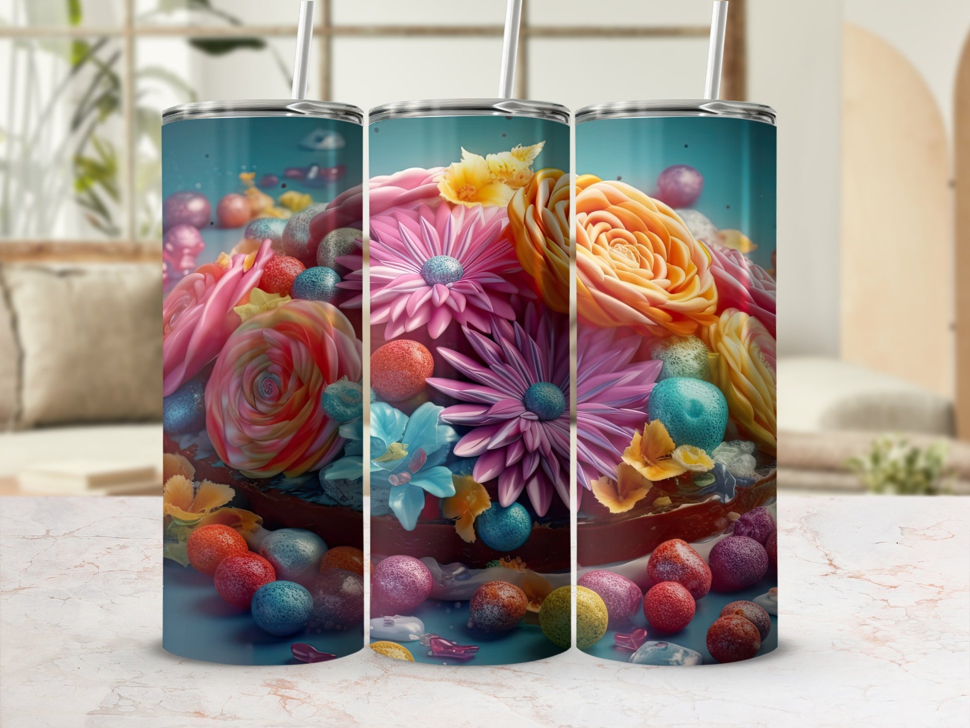 Vibrant Floral and Candy Design Insulated Tumbler Cup