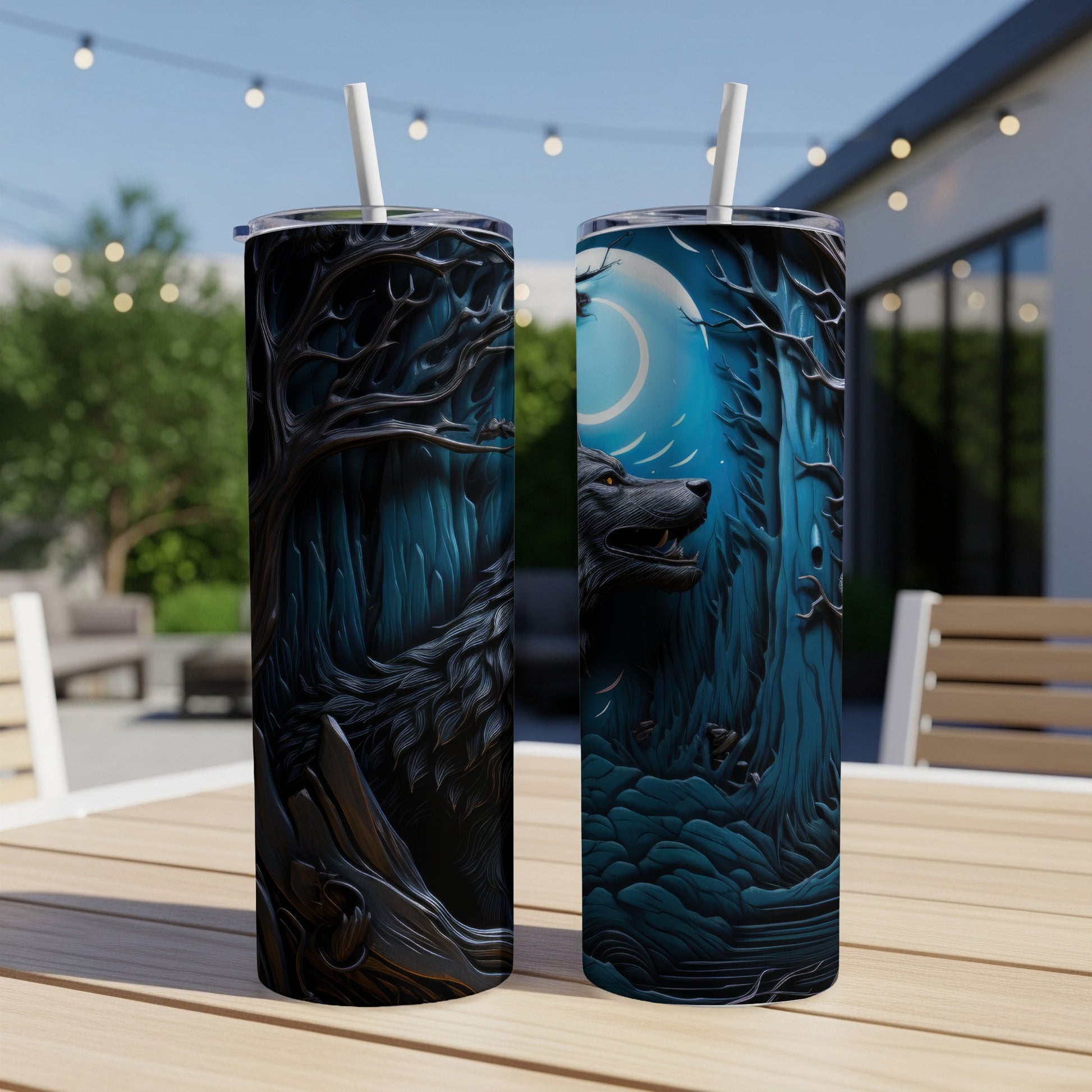 Two tumblers with a dark, mystical forest and wolf design.