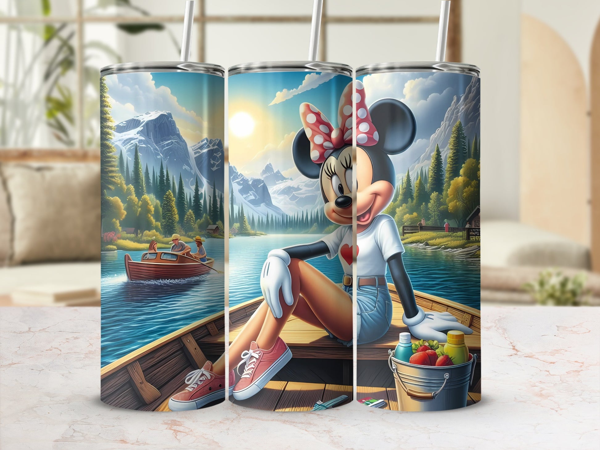 Outdoor Boating Scene Tumbler With Cartoon Character