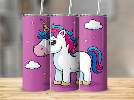 Three purple tumblers with a cartoon unicorn design.