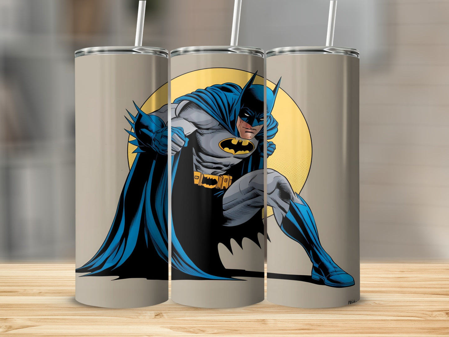 Batman in a crouched pose, a yellow circle behind him.