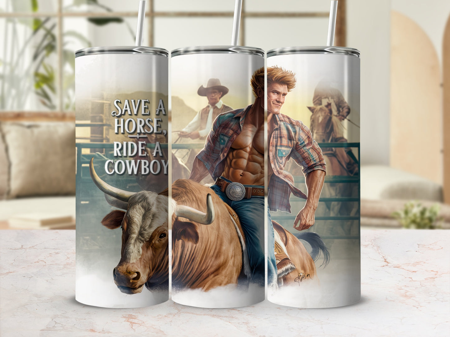 Cowboy riding a bull, "Save a horse, ride a cowboy" text.