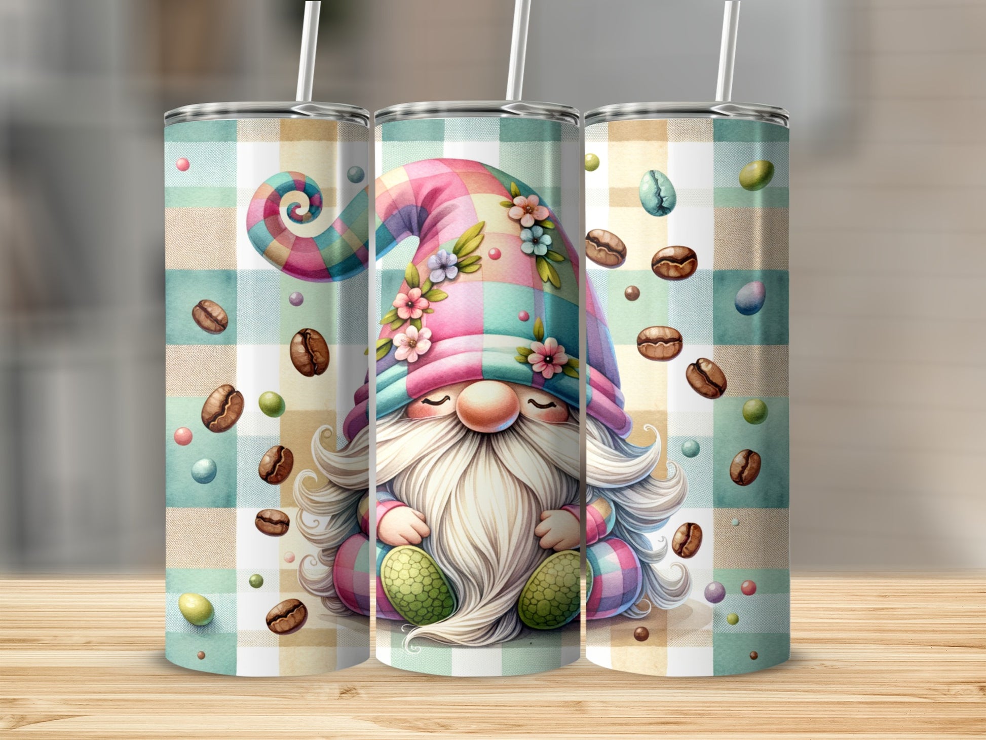 Gnome with colorful hat and plaid pattern, surrounded by coffee beans.