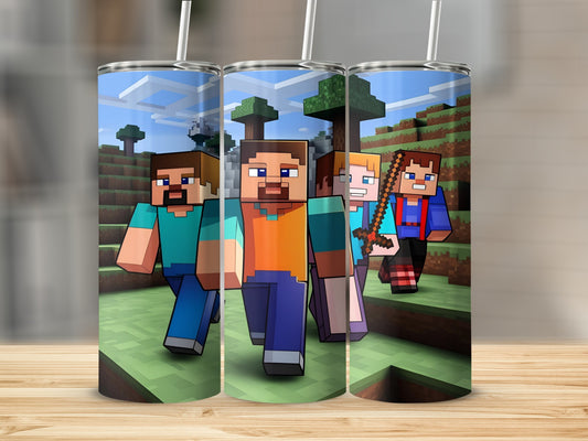 Minecraft characters walking across a blocky landscape.