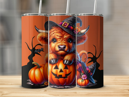 Cute Highland Cow in Witch Hat with Pumpkin Tumbler