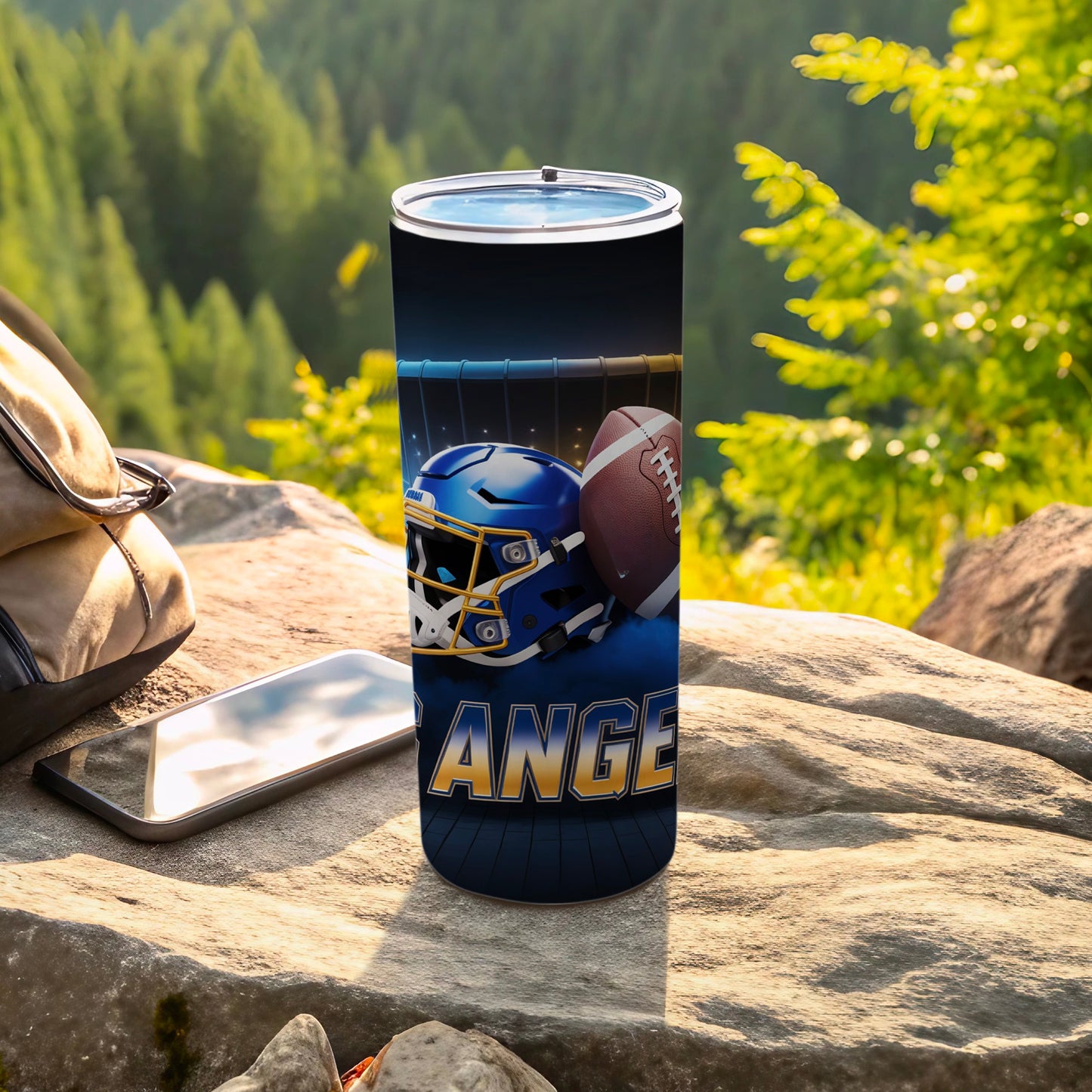 Blue and gold football helmet and ball on a tumbler, "RANGERS" text.