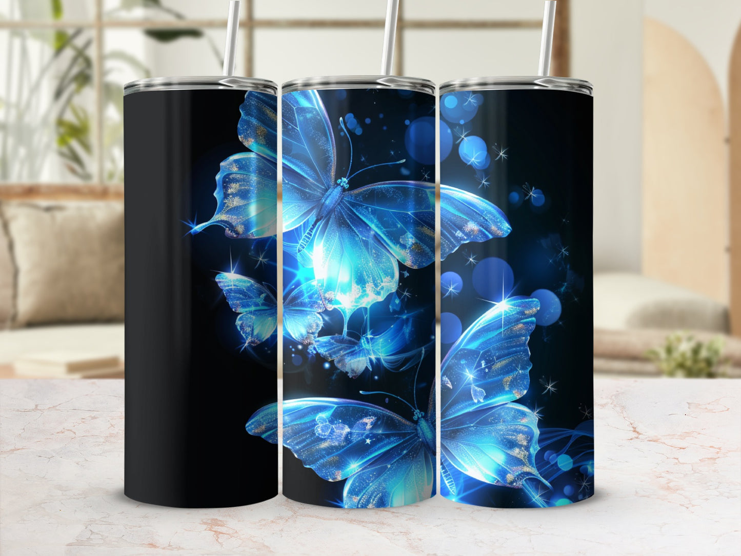 Black tumbler with glowing blue butterflies and bokeh effect.