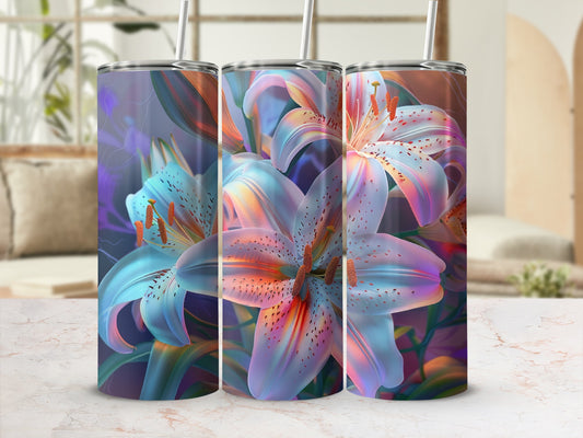 Three tumblers with a close-up floral design of lilies.