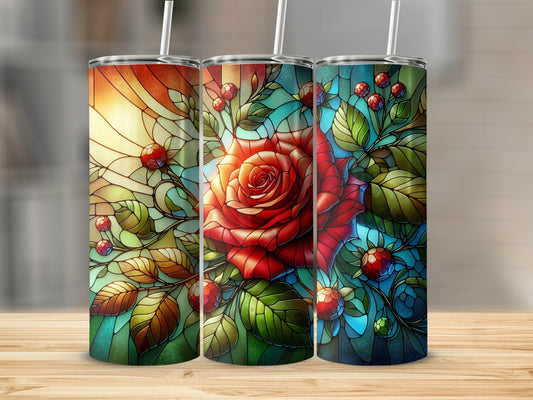 Three stained glass tumblers with red rose and berry floral designs.