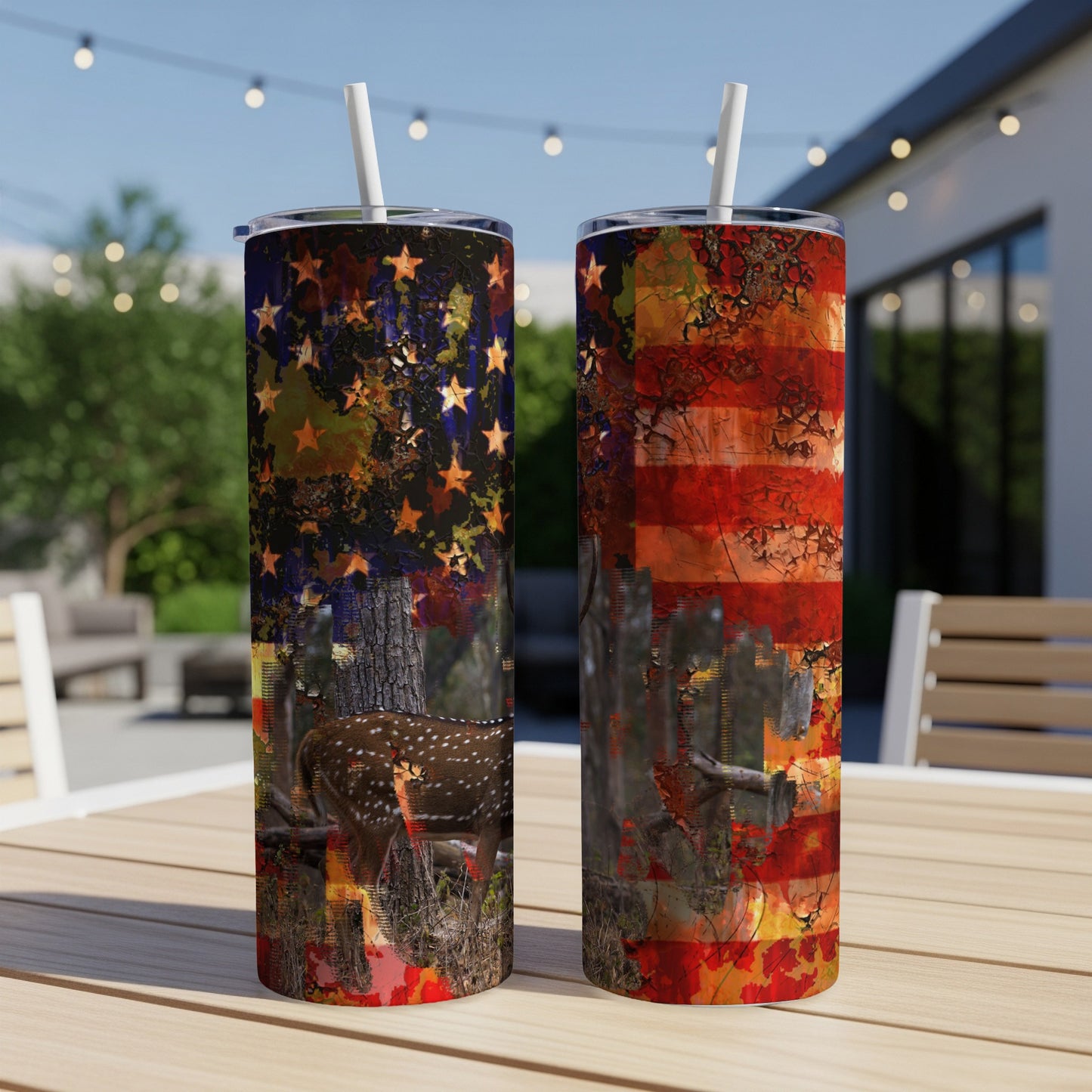 Two tumblers featuring a deer and distressed American flag design.