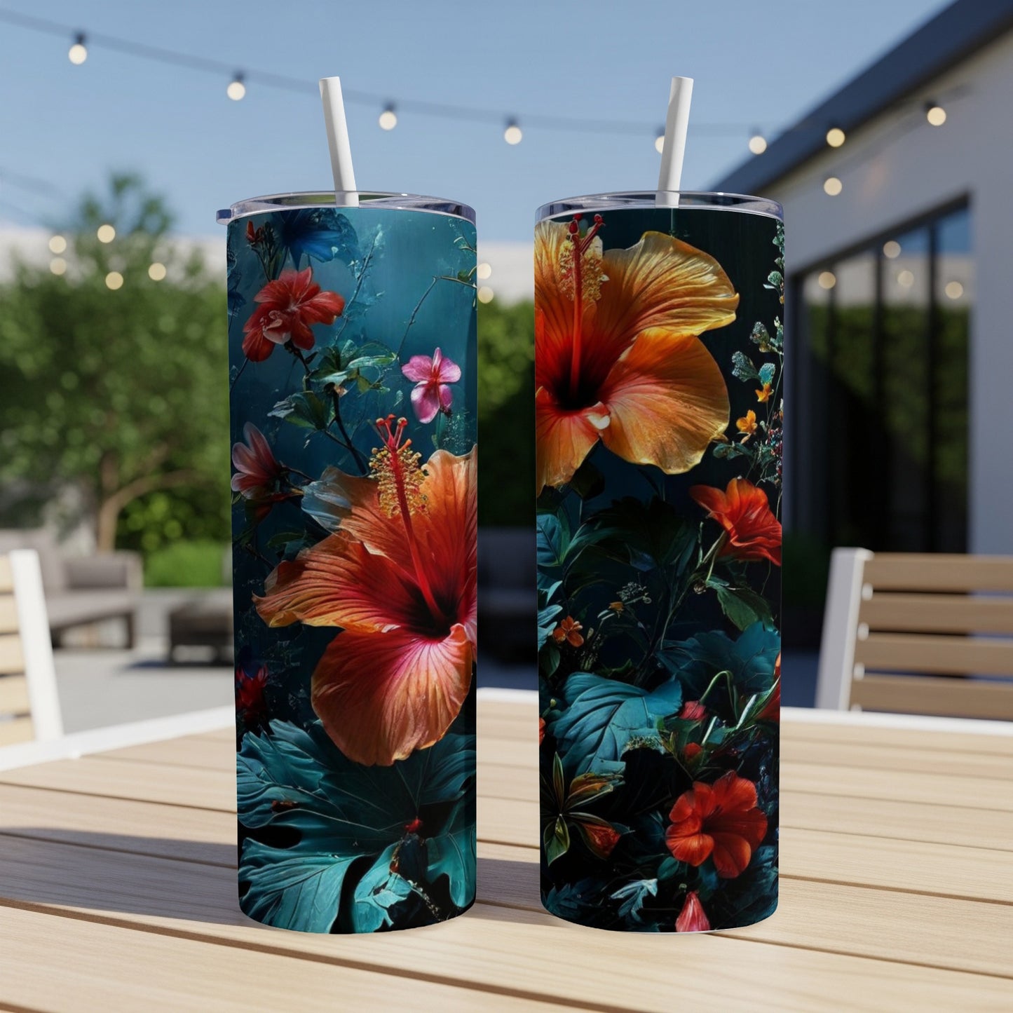 Two tall tumblers with vibrant hibiscus floral print, set on a wooden table.