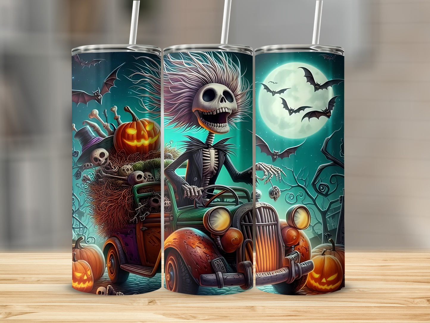 Skeleton driving vintage car with pumpkins, bats, and skulls under a full moon.