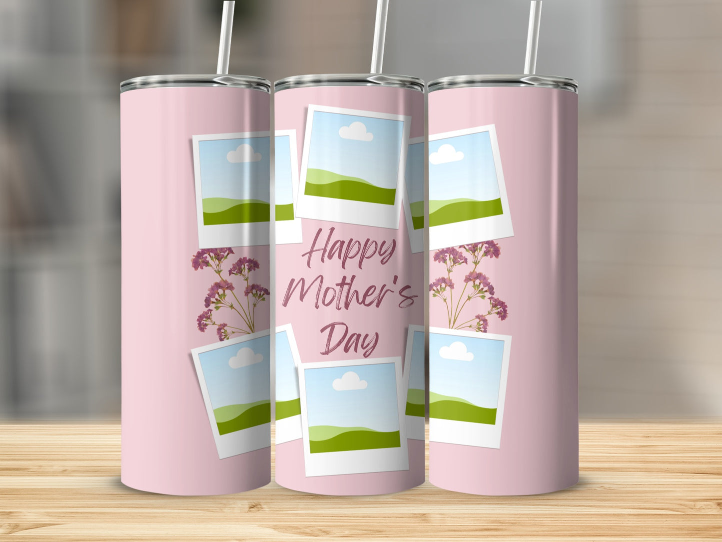 Pink tumbler with "Happy Mother's Day" text and polaroid photo frames.